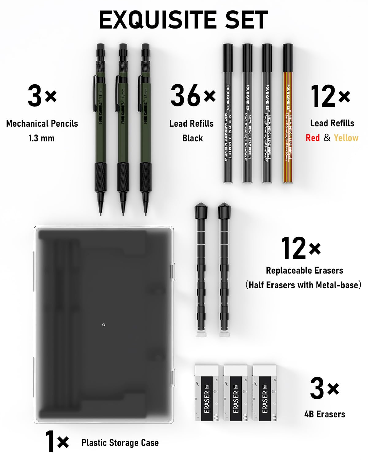1.3mm Mechanical Pencil Set with 48 Lead Refill, 3PCS Metal Weatherproof Body…