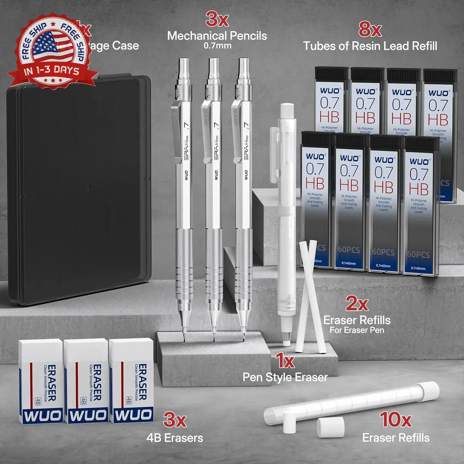 WUO 0.7mm Mechanical Pencil Set,3PCS Metal Pencils with 8 Tubes (480PCS) HB Lead