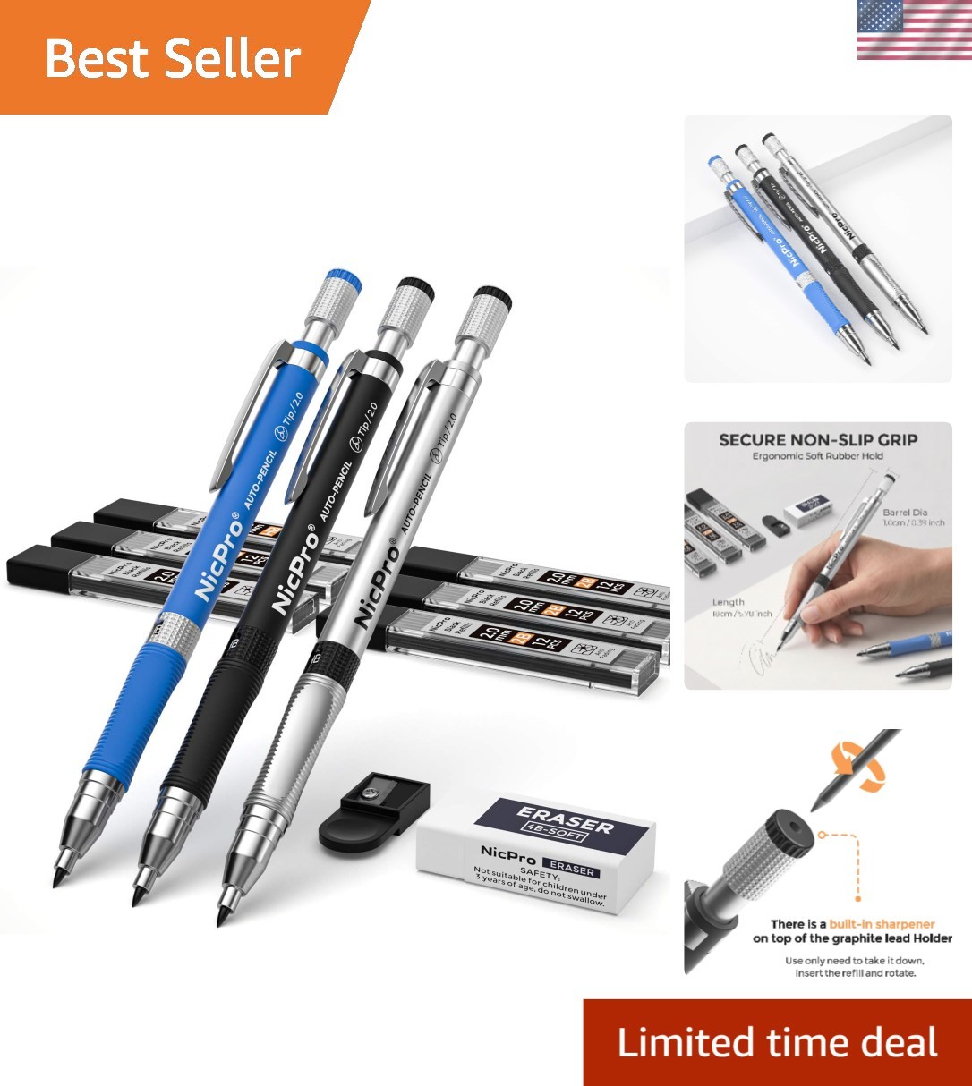11-Piece 2mm Mechanical Pencil Set with Refillable Leads for Artists & Students