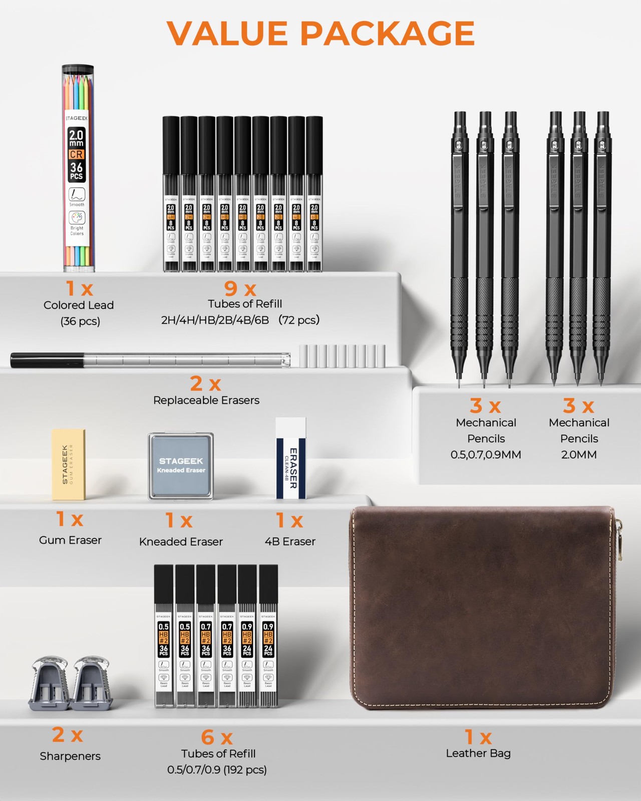 30PCS Black Metal Mechanical Pencil Set in Leather Case, 0.5/0.7/0.9/2.0mm Ar…