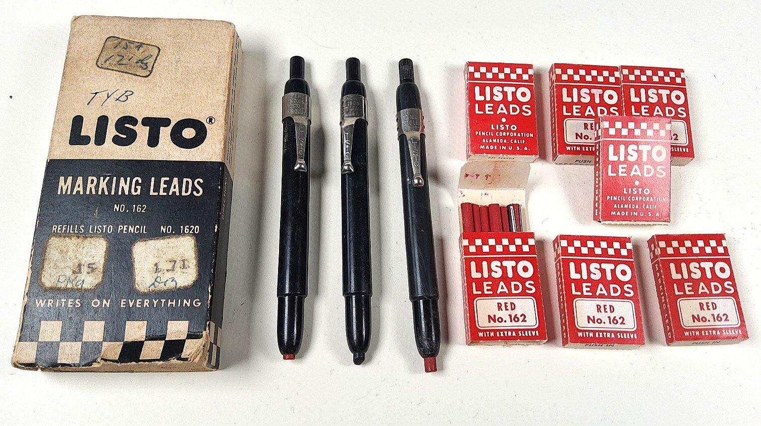 3 Vintage Listo Marking Pens 1626 + 7 Boxes Red 162 Leads w Original Box
