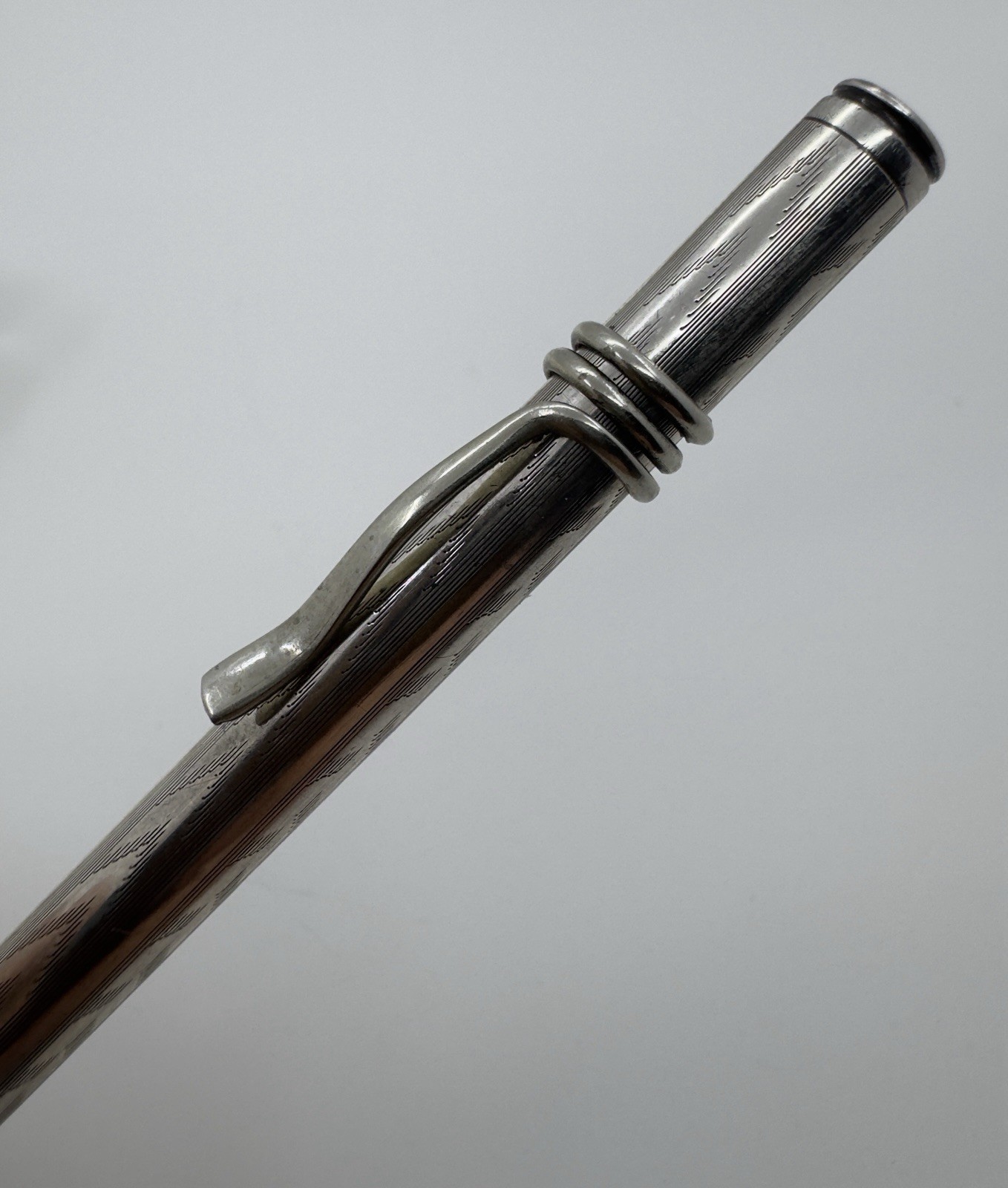 Unmarked Sterling Silver Engine Turned Mechanical Pencil w/ Coil Clip – Working