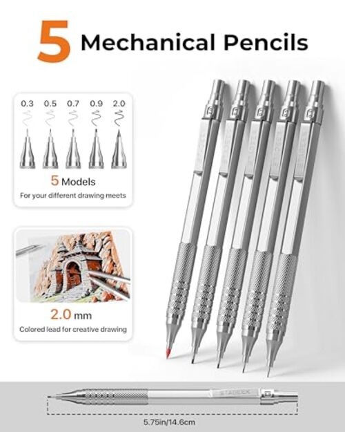 Metal Mechanical Pencil Set in Leather Case, 5PCS Silver 0.3 0.5 0.7 0.9 2.0