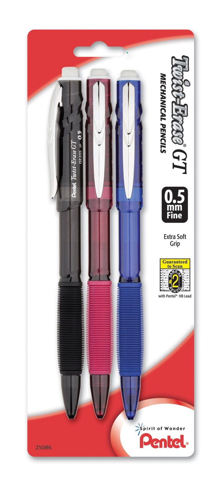 Pentel Twist-Erase GT (0.5mm) Mechanical Pencil, 3 Count (Pack of 1), Random