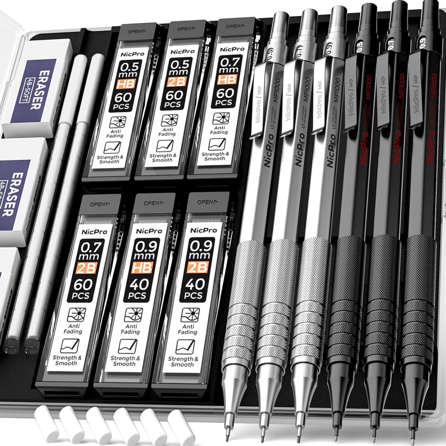 0.5 & 0.7 & 0.9 mm Metal Mechanical Pencil Set with Case, 6PCS MP1000 Artist …