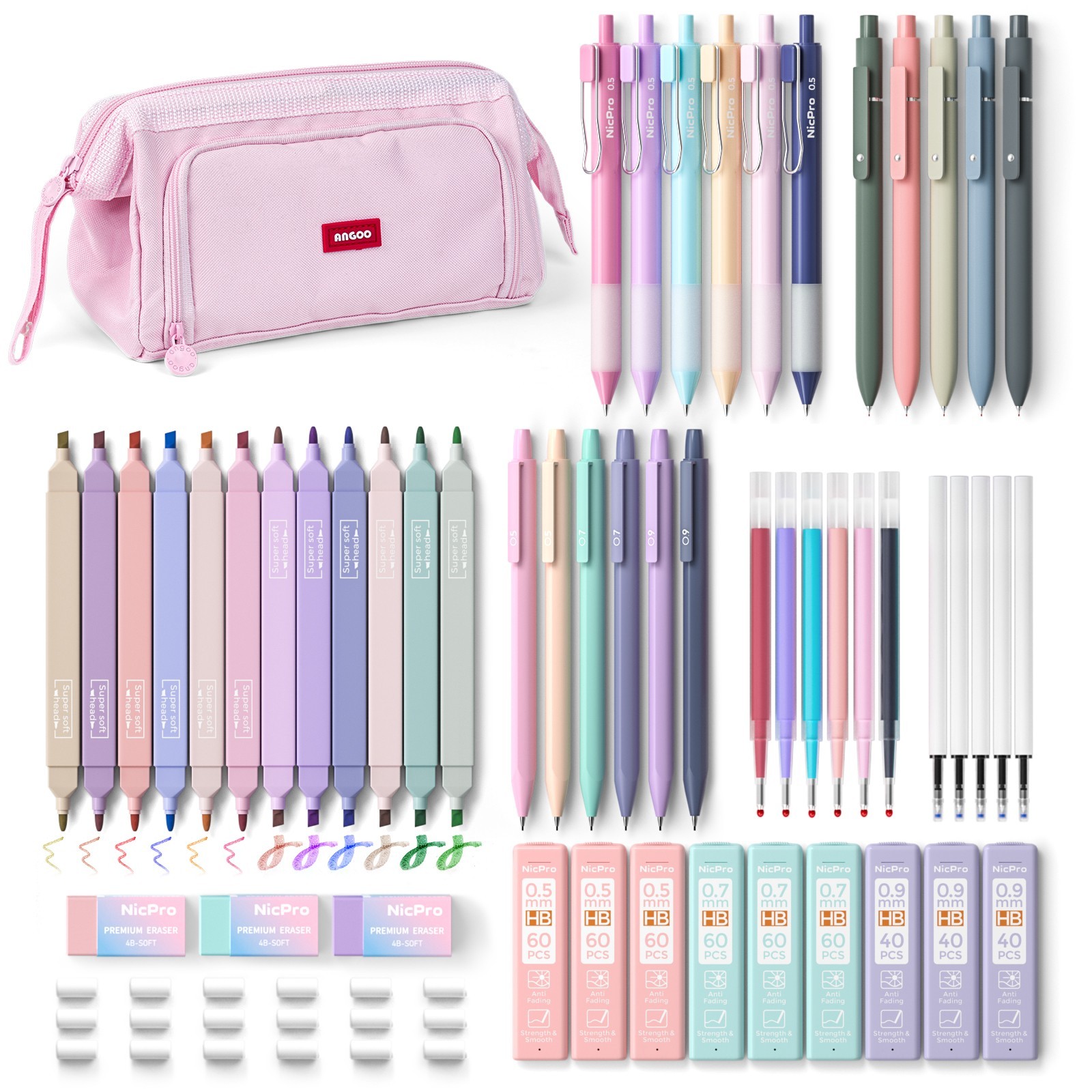 Nicpro 55PCS Aesthetic School Supplies: Pastel Highlighters, Gel Pens, Mechanica