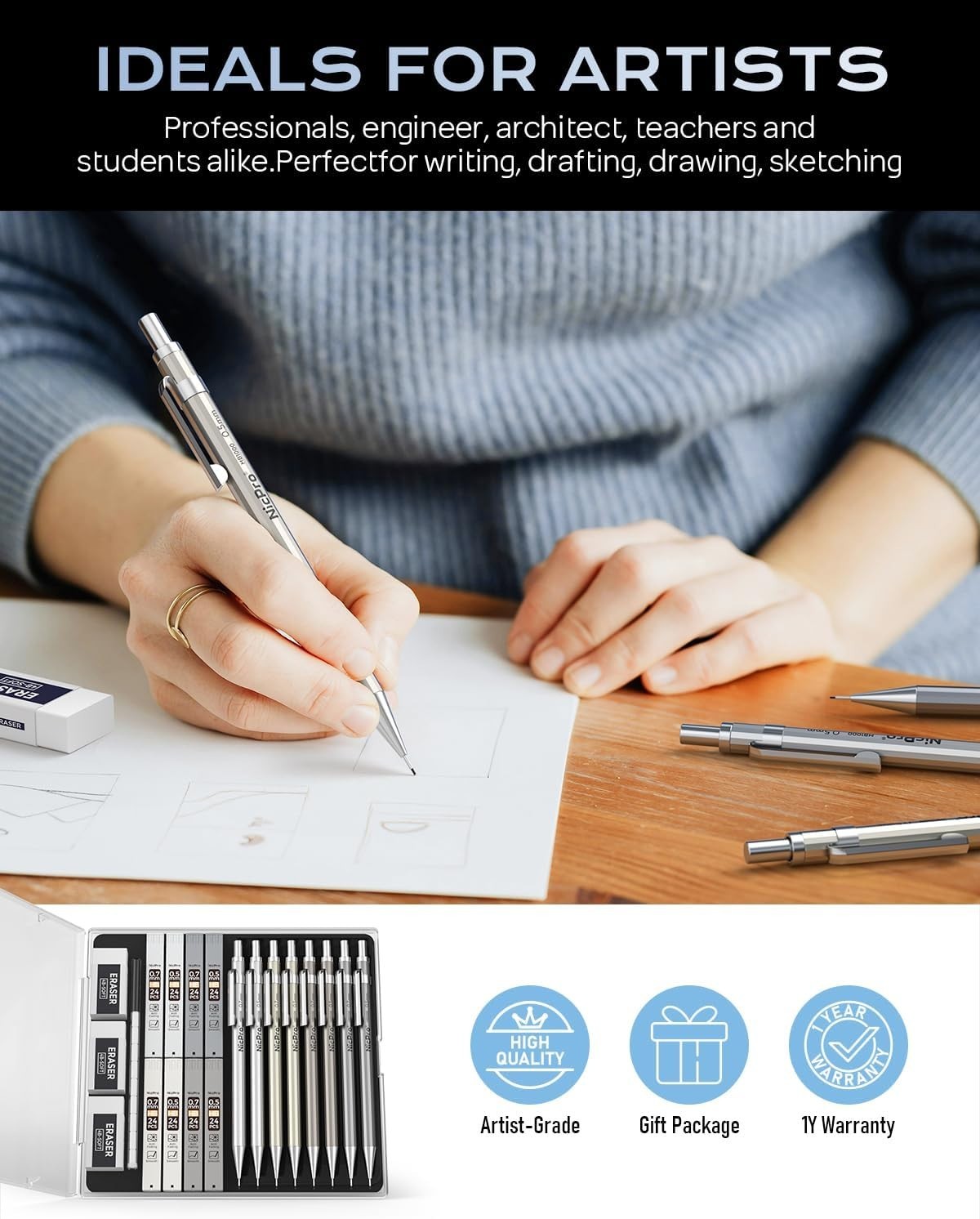 8 Pack Metal Mechanical Pencil Set – 0.5mm & 0.7mm for Artists & Professionals