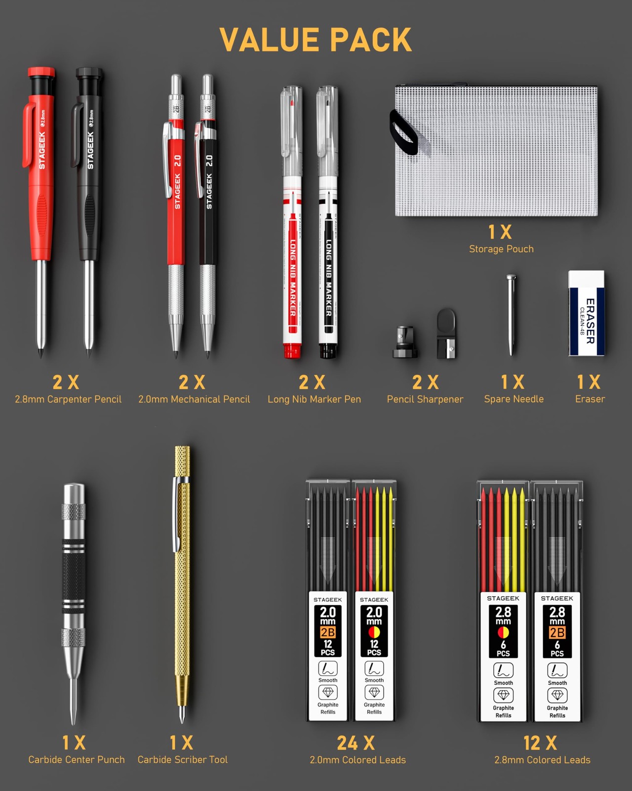 17 Pack Mechanical Carpenter Pencil Set with Sharpener 40 Red+Black(17pcs)