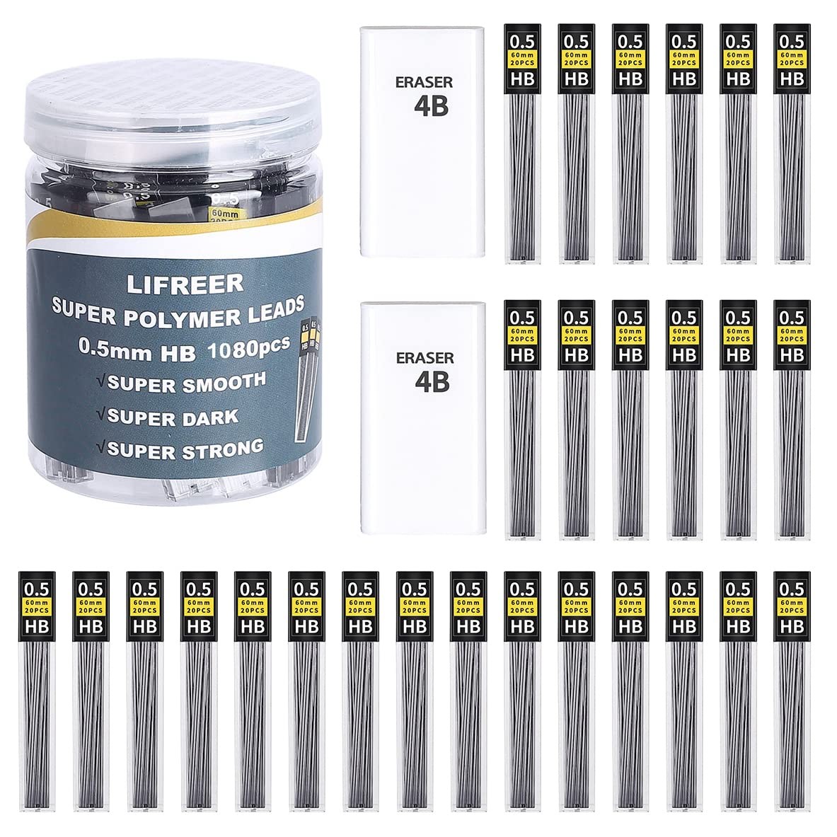 0.5 Lead Refills (1080 Pcs), Unbreakable 0.5 mm Lead Refills and 2 Premium Er…