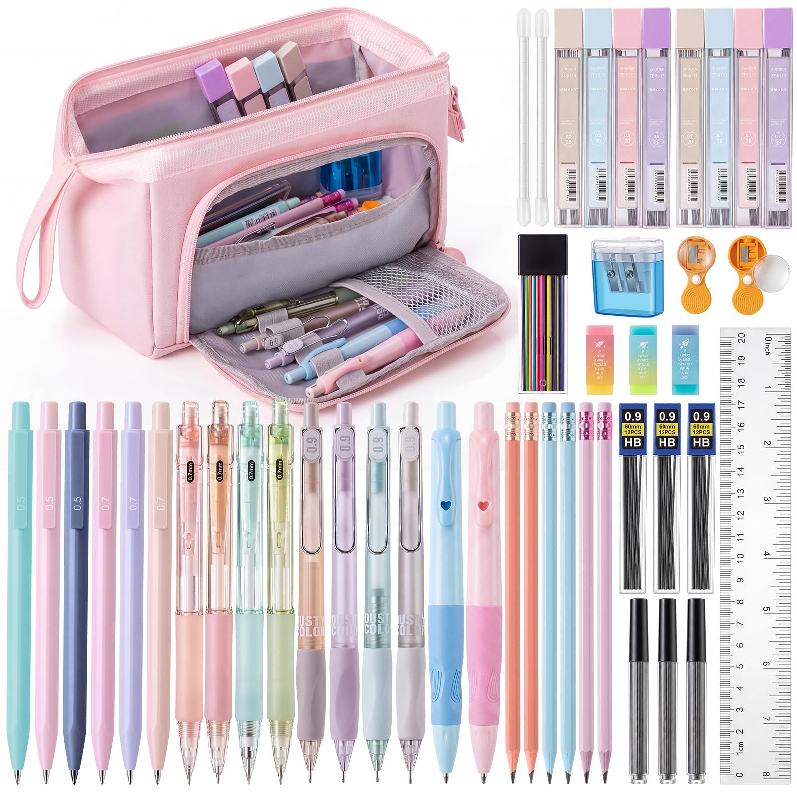 47 Pcs Aesthetic School Supplies Mechanical Pencils Pen Case Pink