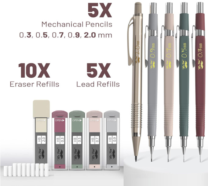 Mr. Pen- Art Mechanical Pencil Set, 5 Sizes (0.3, 0.5, 0.7, 0.9, 2.0mm) | 5 HB L
