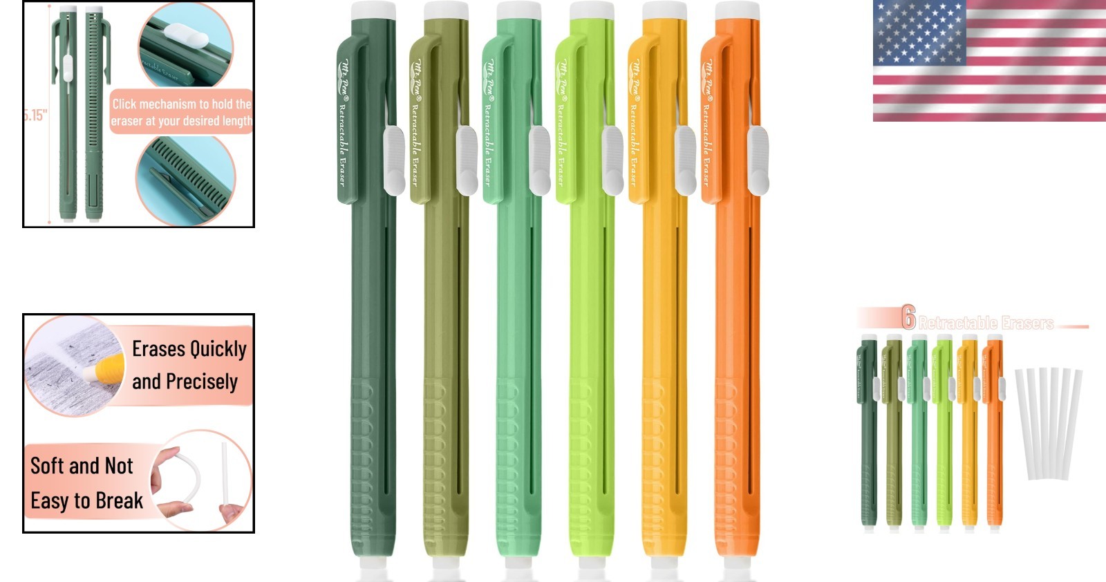 Retractable Mechanical Eraser Pens 6-Pack – Citrus Colors for Artists & Students