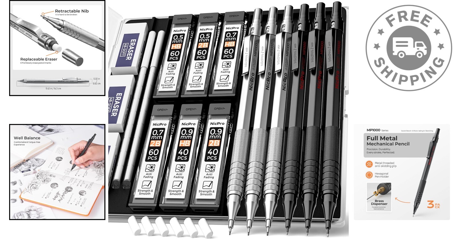 Durable Metal Mechanical Pencil Kit for Artists & Architects – 6PCS with Case