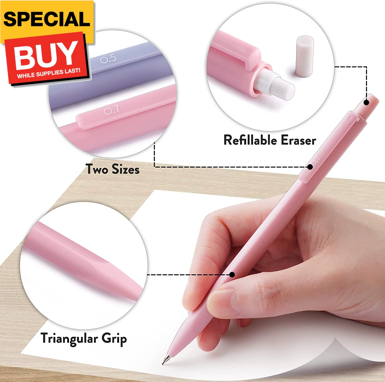 Cute Mechanical Pencil Set, 6PCS Pastel Mechanical Pencils 0.5 & 0.7mm with 360P