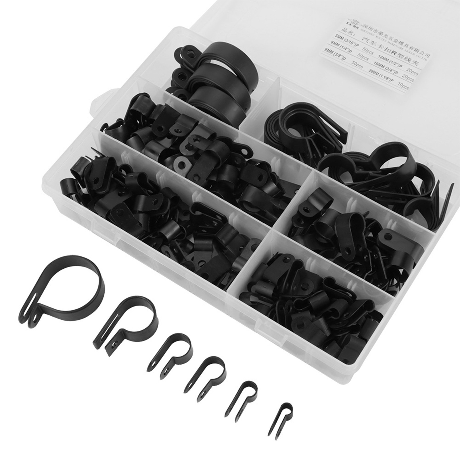 200pcs Nylon P Fasteners Clips Clamps Assorted Box For Cable Conduit Kit (Black)