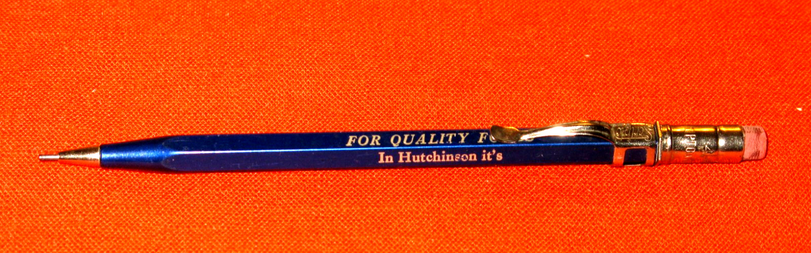 USED BLUE SCRIPTO 4-47 MECHANICAL PENCIL WITH FOR QUILITY FOODS ADV.