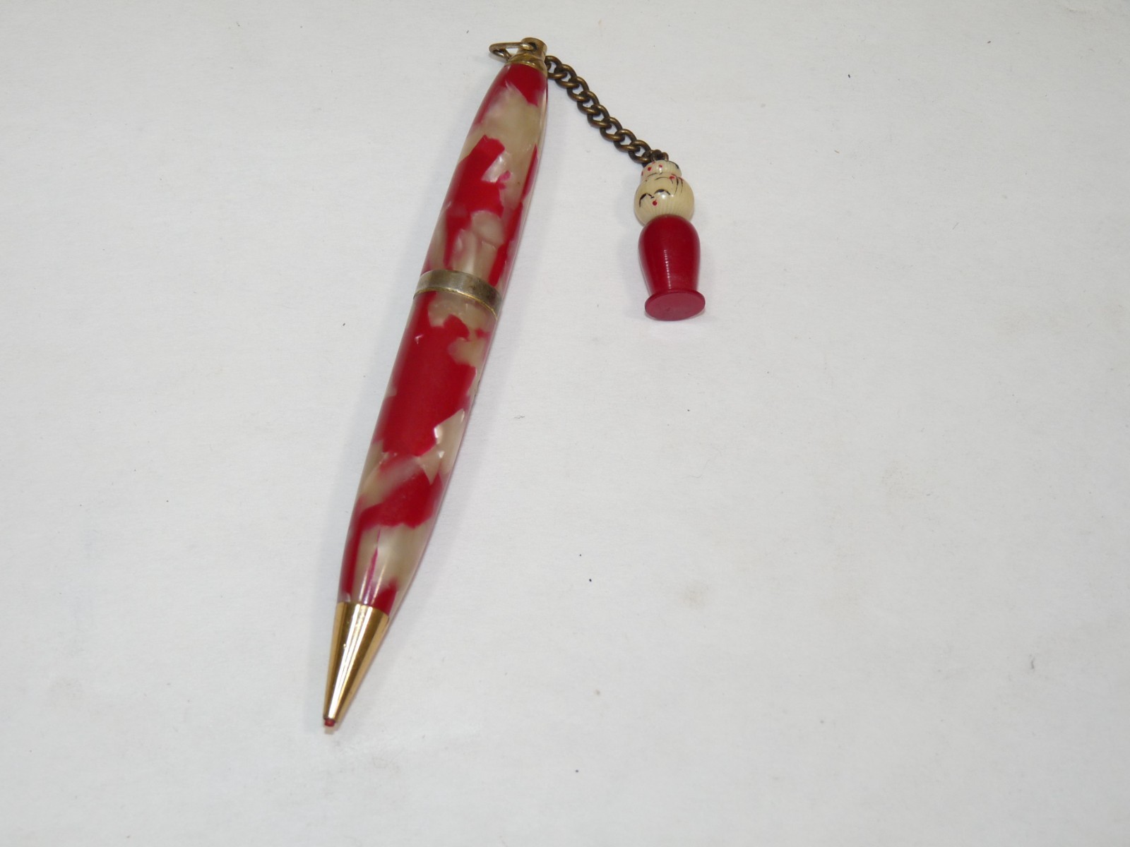 Vintage Marbled Red Acrylic Mechanical Pencil Dangling Asian Character on chain