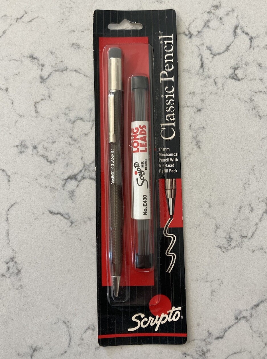 VINTAGE SCRIPTO Clasic Mechanical Twist Pencil Long Lead Clear Black 1991 1.1mm