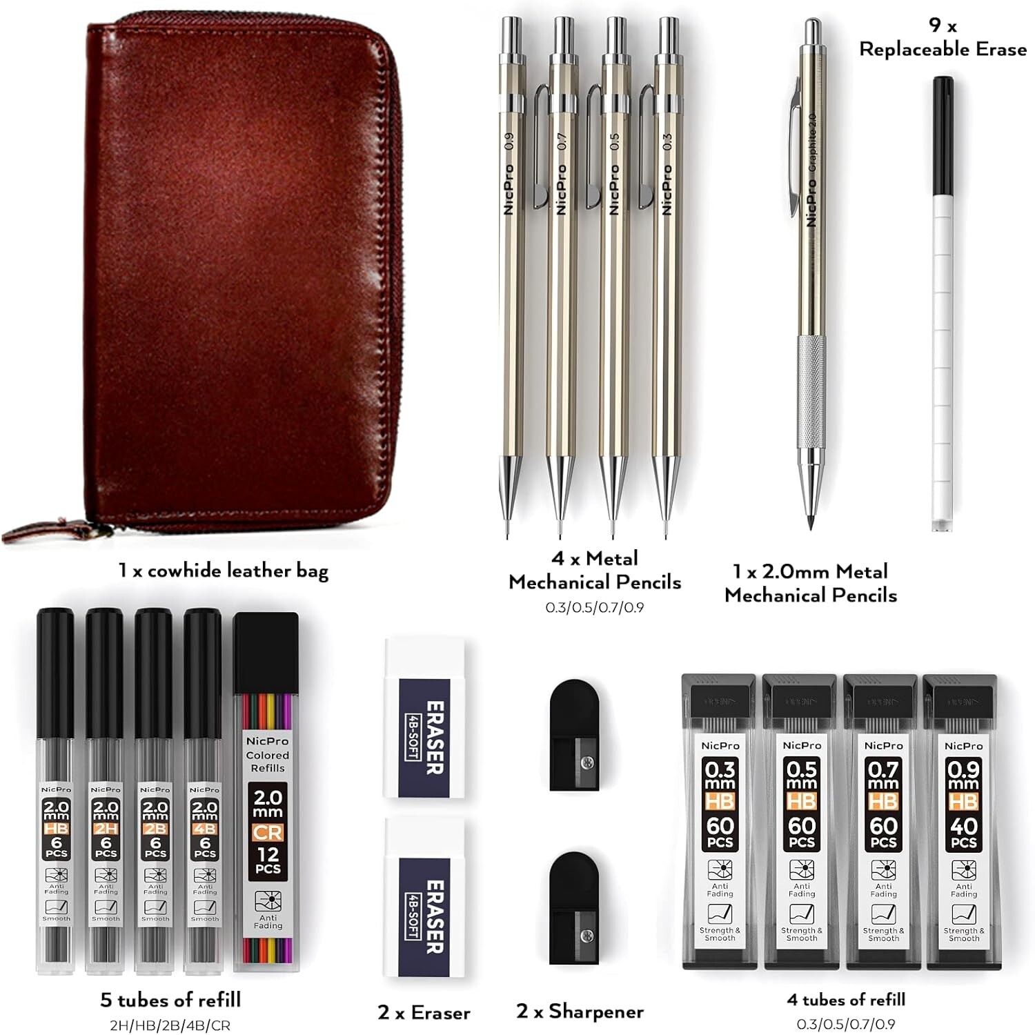 All-Inclusive 20PCS Mechanical Pencils with Leather Storage for Artists