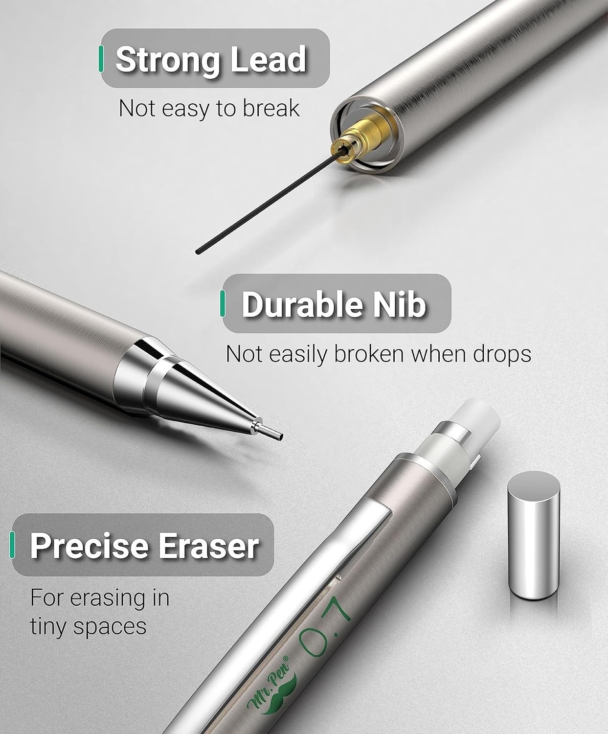 Metal Mechanical Pencil Set With Lead Refills & Erasers 2 Pack, 0.7mm For School