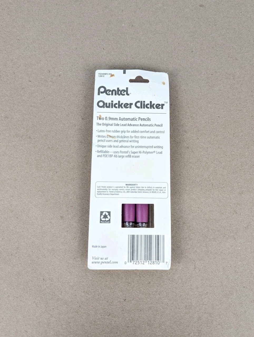 NEW Pentel Quicker Clicker Automatic Pencil, 0.9mm, Transparent Purple, 2 Pack
