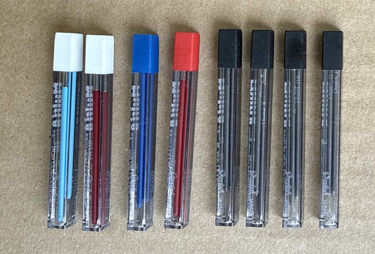 Pentel Multi8 2mm Color Leads 2x58mm LOT of 8 Tubes Refill Black Red Blue