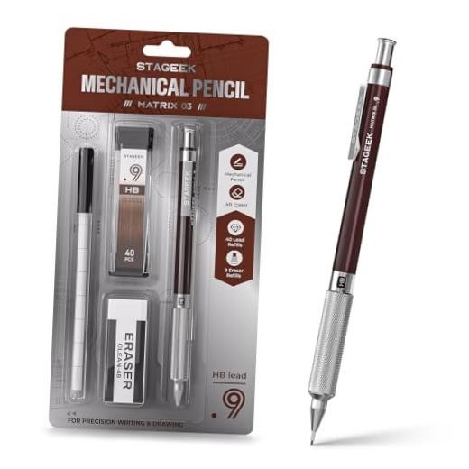 0.9mm Mechanical Pencil, Metal Art & Drafting Pencil with Eraser and 40 Brown