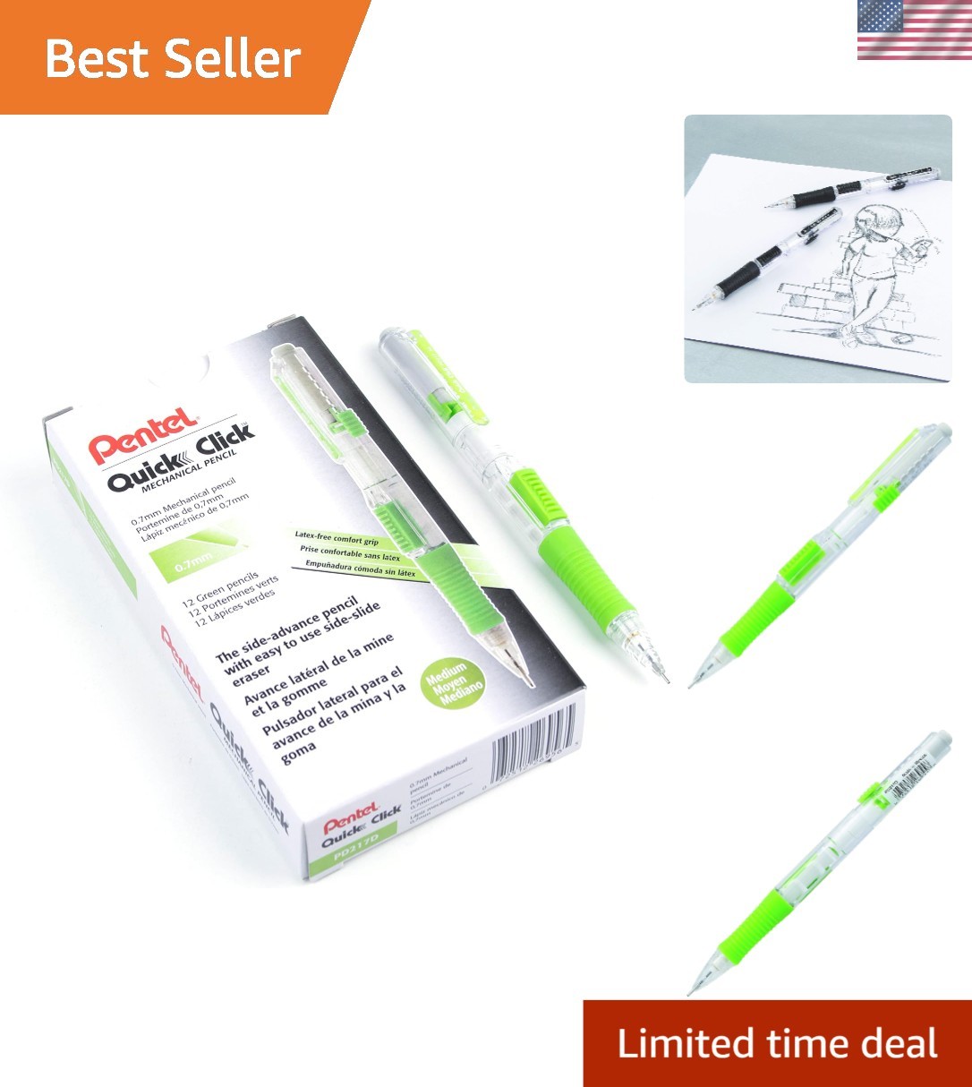 Fast Side-Advance 0.7mm Mechanical Pencils – Green Accents, Box of 12 for Adults