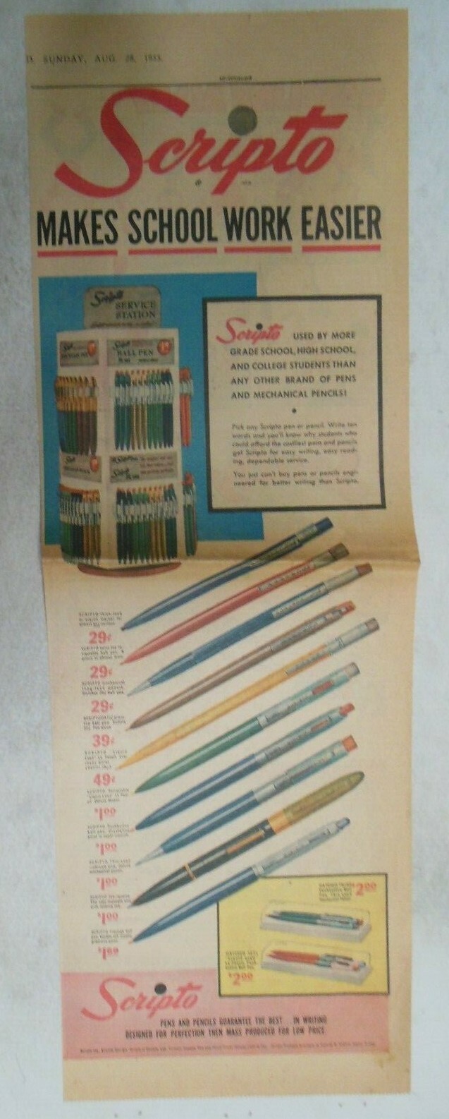 Scripto Pens & Pencils Ad: Makes School Work Easier ! 1950’s 7.5 x 22 inches