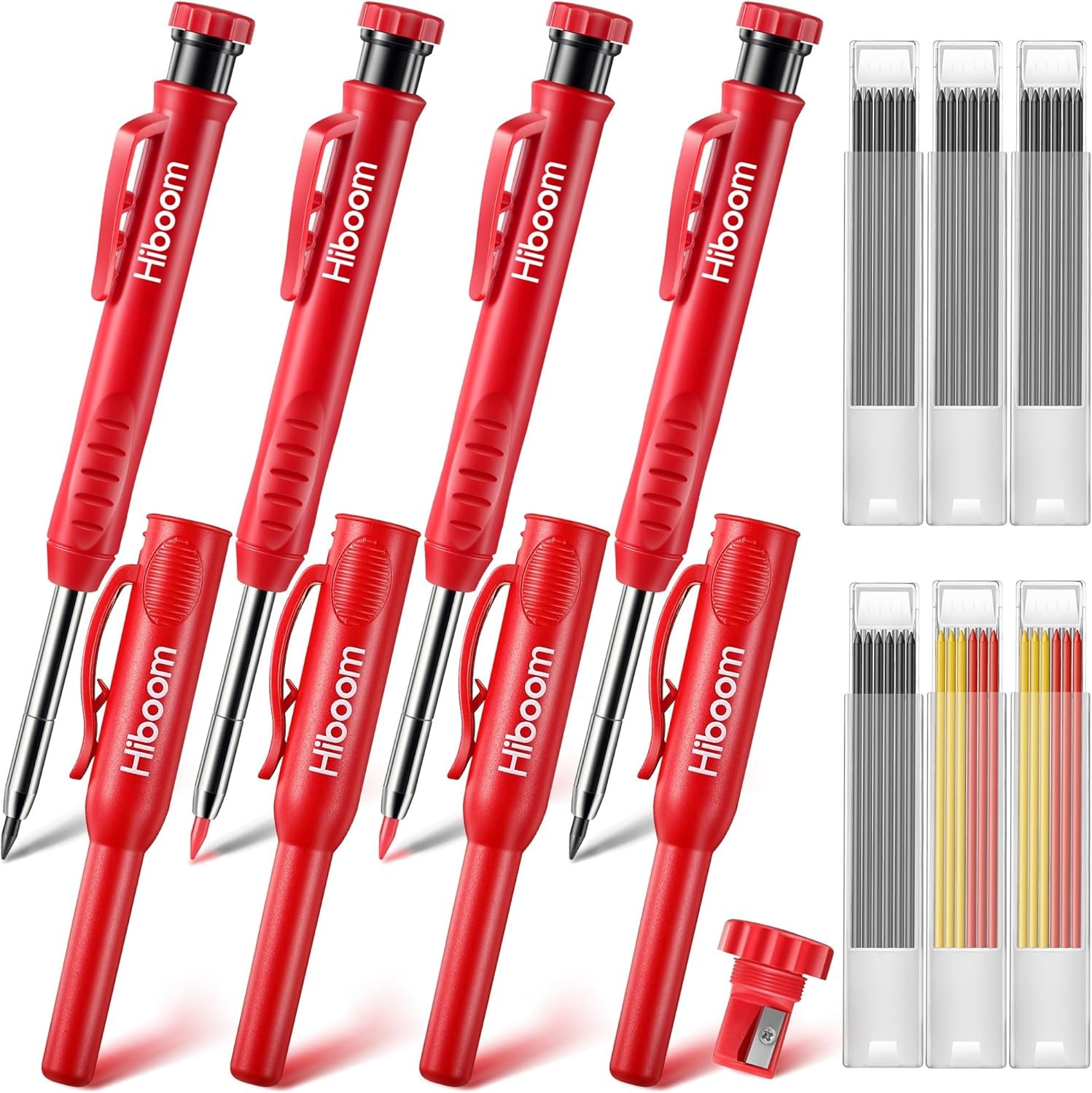 Hiboom 4 Pack Carpenter Pencils with 36 Refills (Red, Black, Yellow), 2.8 Red