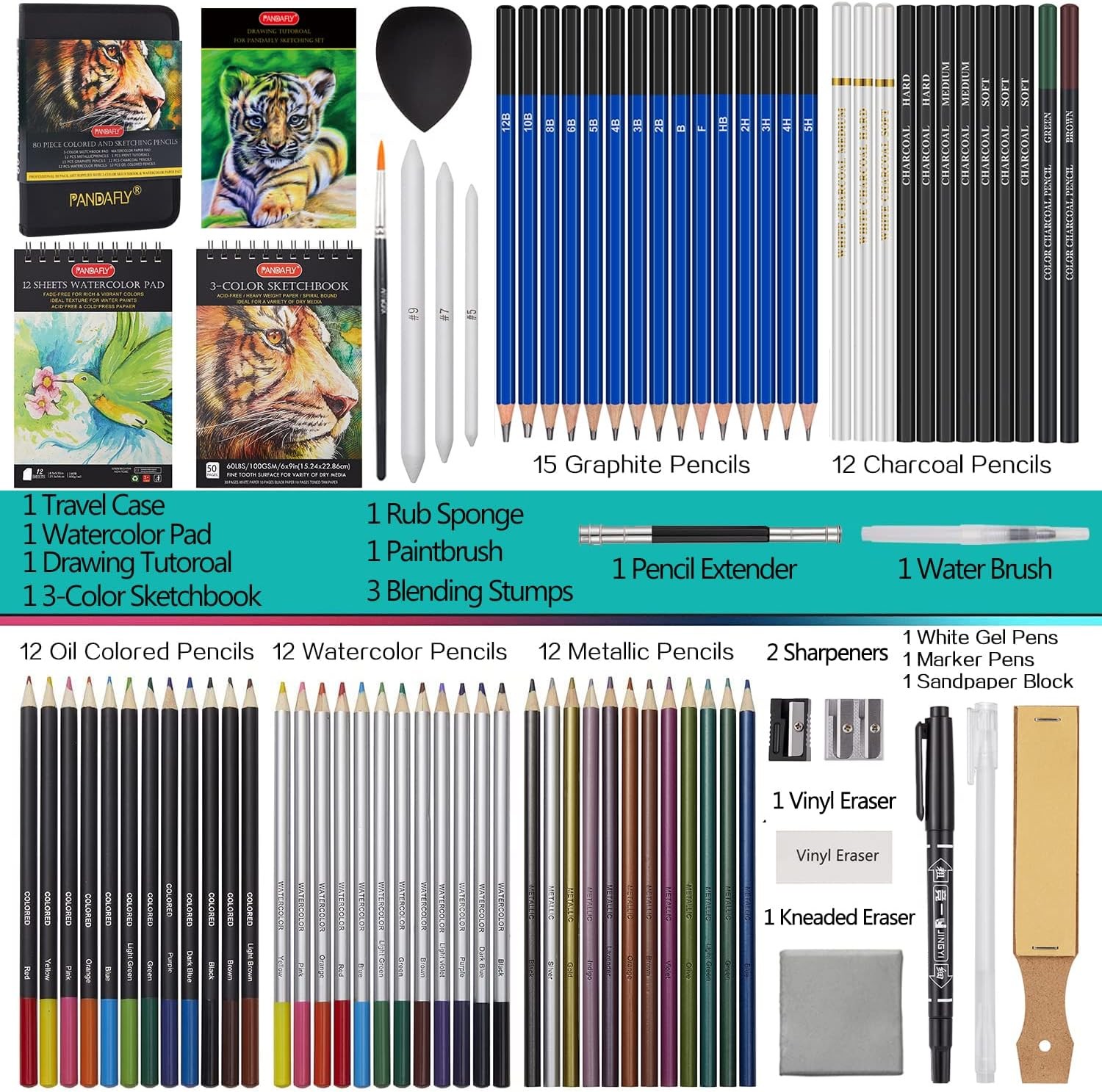 PANDAFLY 80 Pack Drawing Set Sketching 80 Piece Set, 80 – multicolour