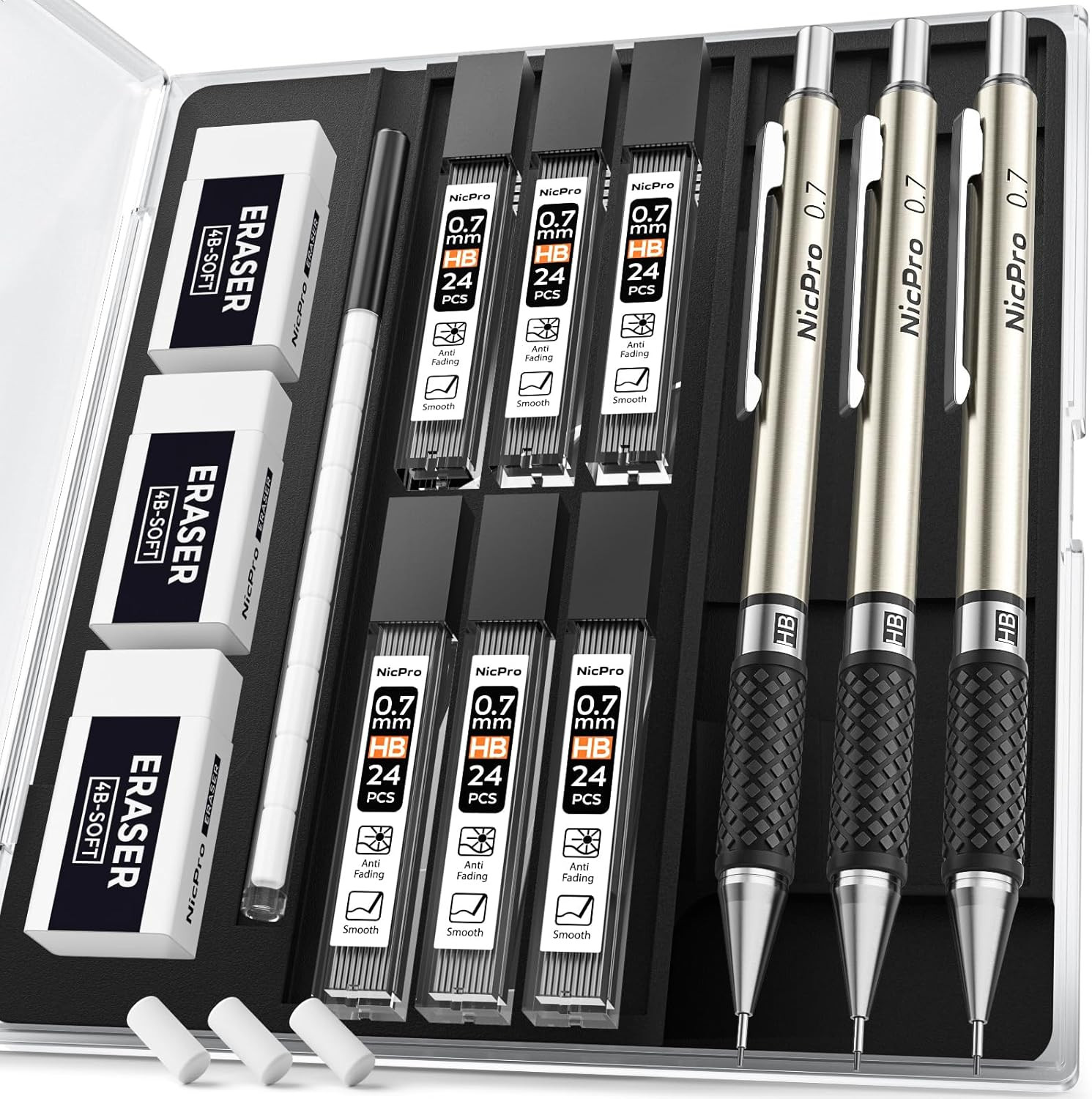 0.7 Mm Art Mechanical Pencil Set in Storage Case, 3 PCS Metal Drafting Pencil Le