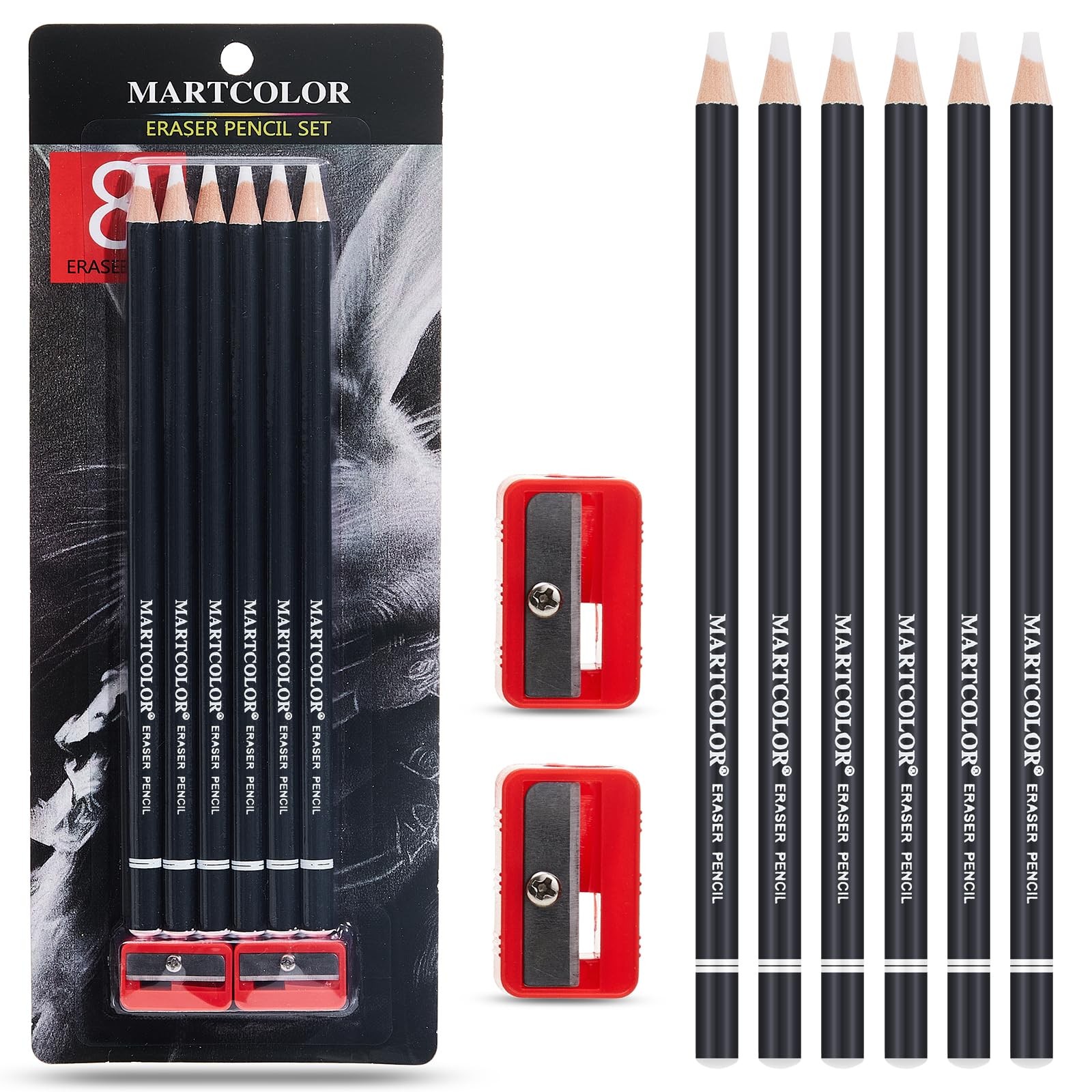 MARTCOLOR 6pc Eraser Pencils and 2pc Sharpener, 1 Count (Pack of 8), White