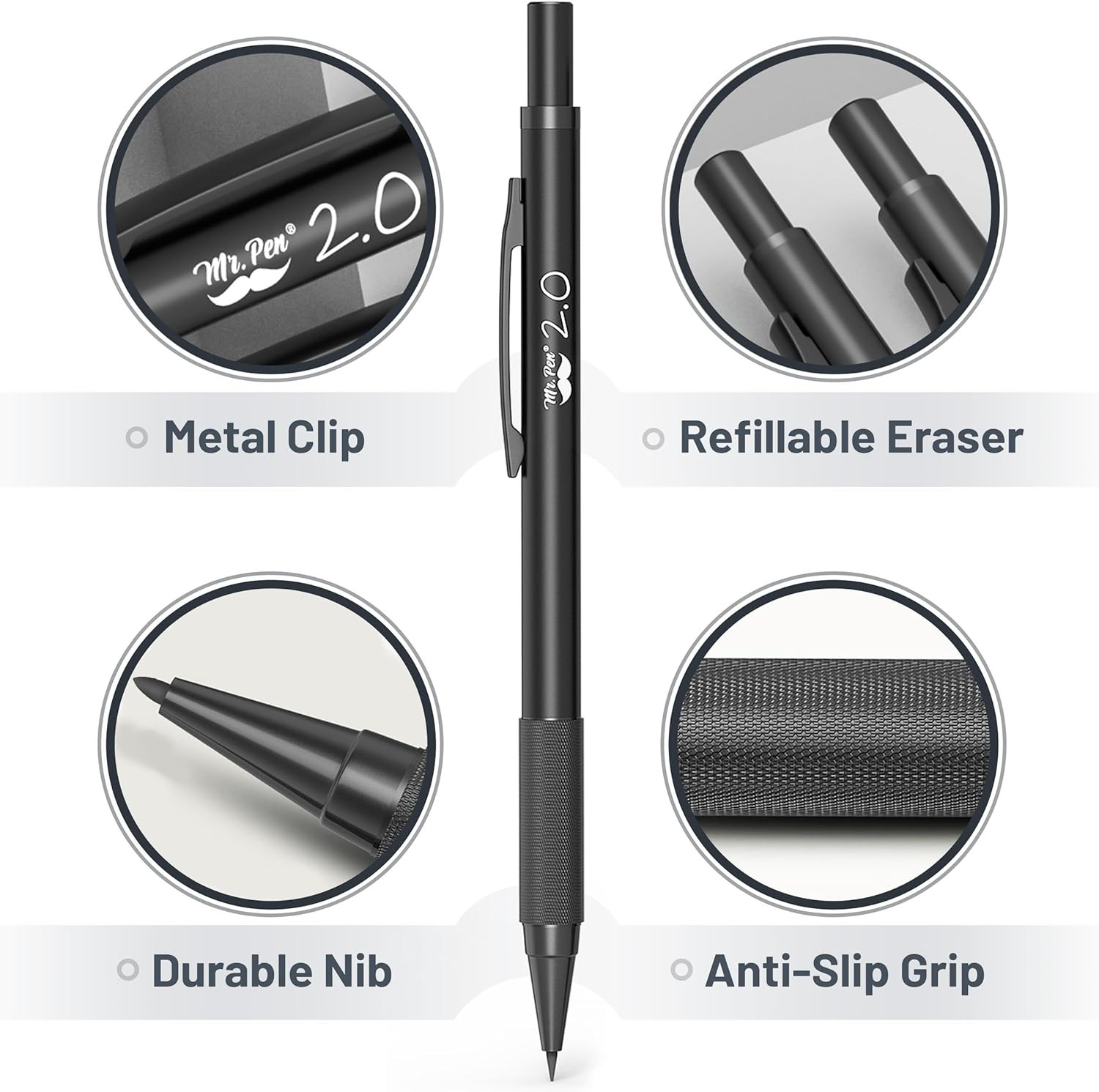 – Metal Mechanical Pencil Set with Lead Refills & Erasers, 5 Pack, 5 Sizes, 0.3,