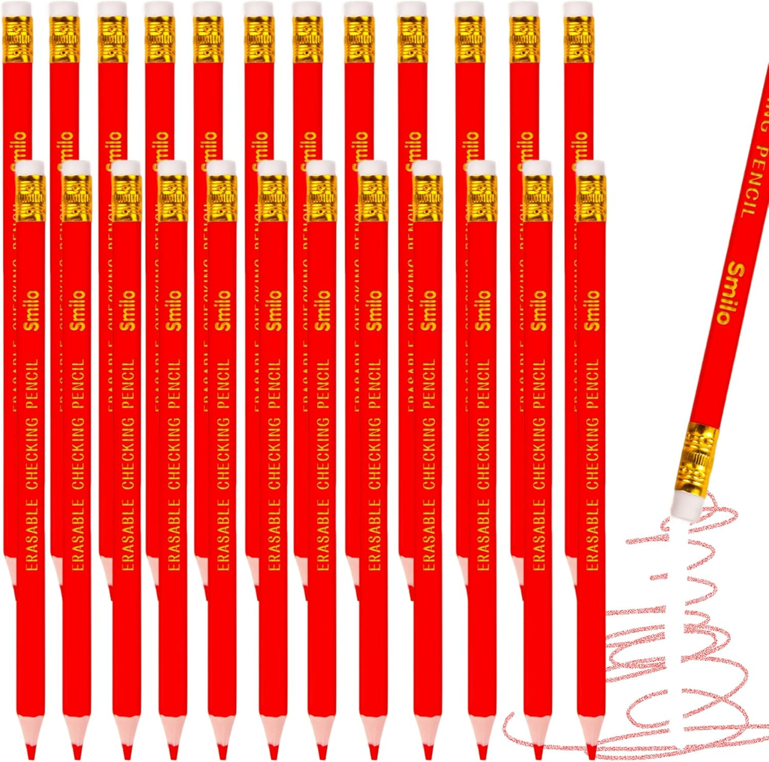 24-Count Red Pencils with Erasers, Erasable Pre-Sharpened Triangular Grip for Co