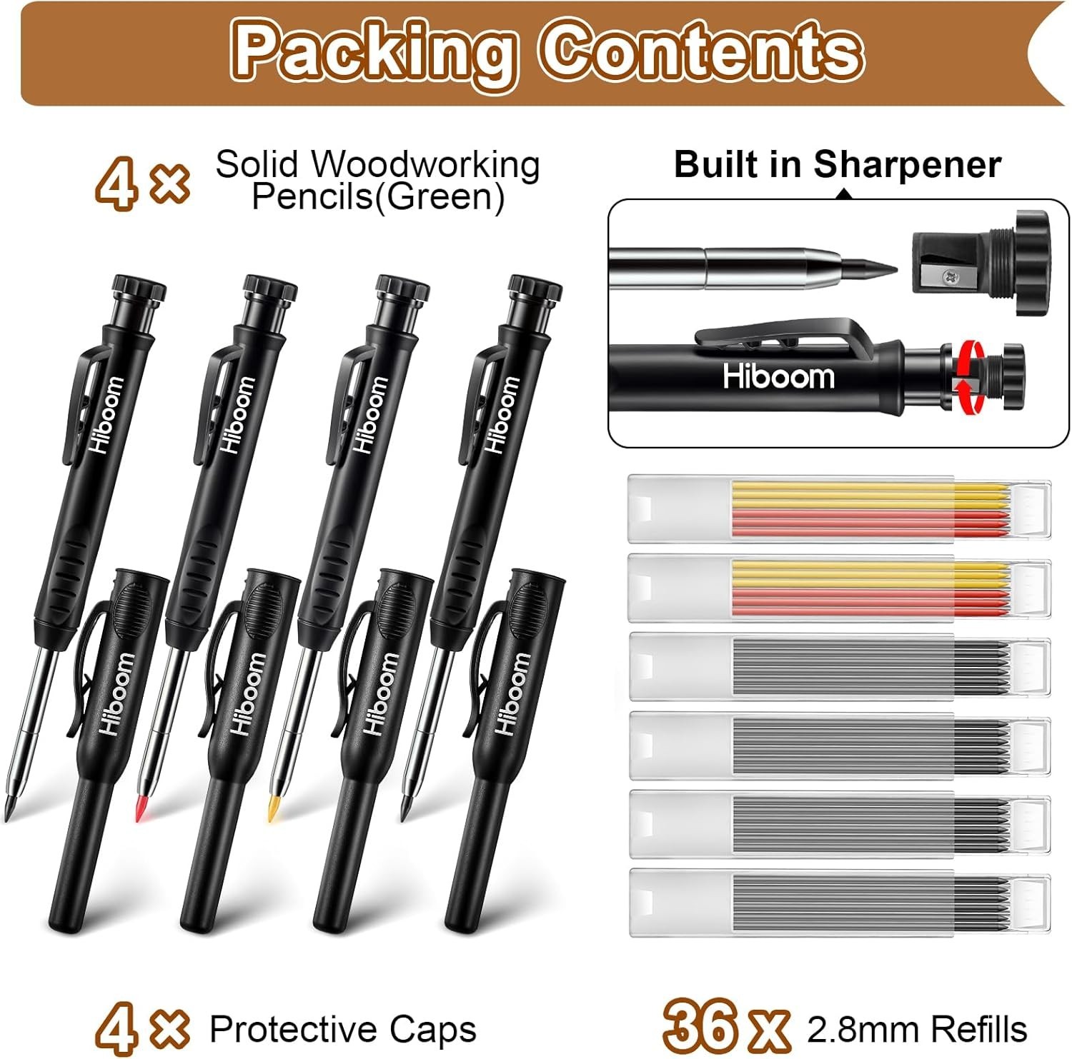 Hiboom 4 Pack Carpenter Pencils Set with 24 Refills, 2.8 mm Mechanical Black