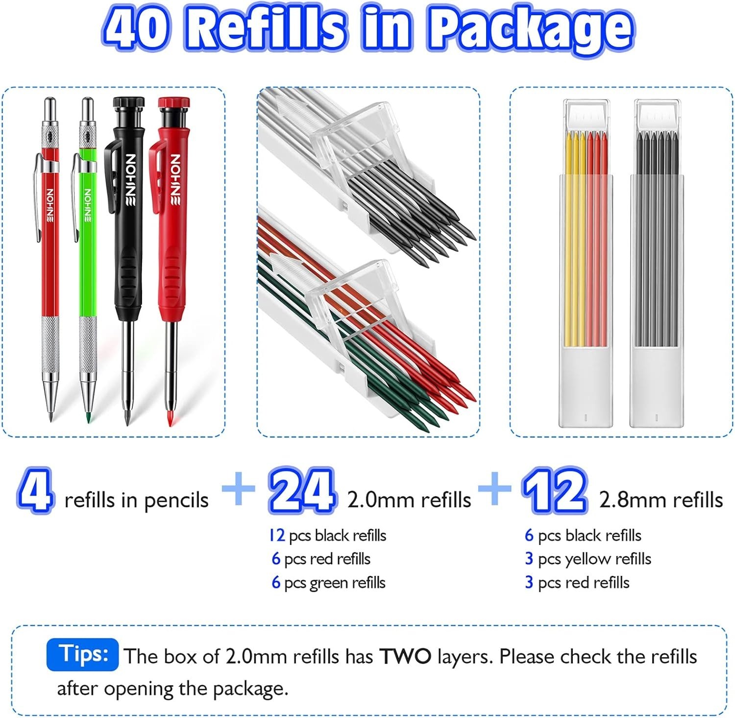 HeavyDuty Carpenter Pencils 4 Pack with 36 Refills Deep Hole Marker for Woodwor