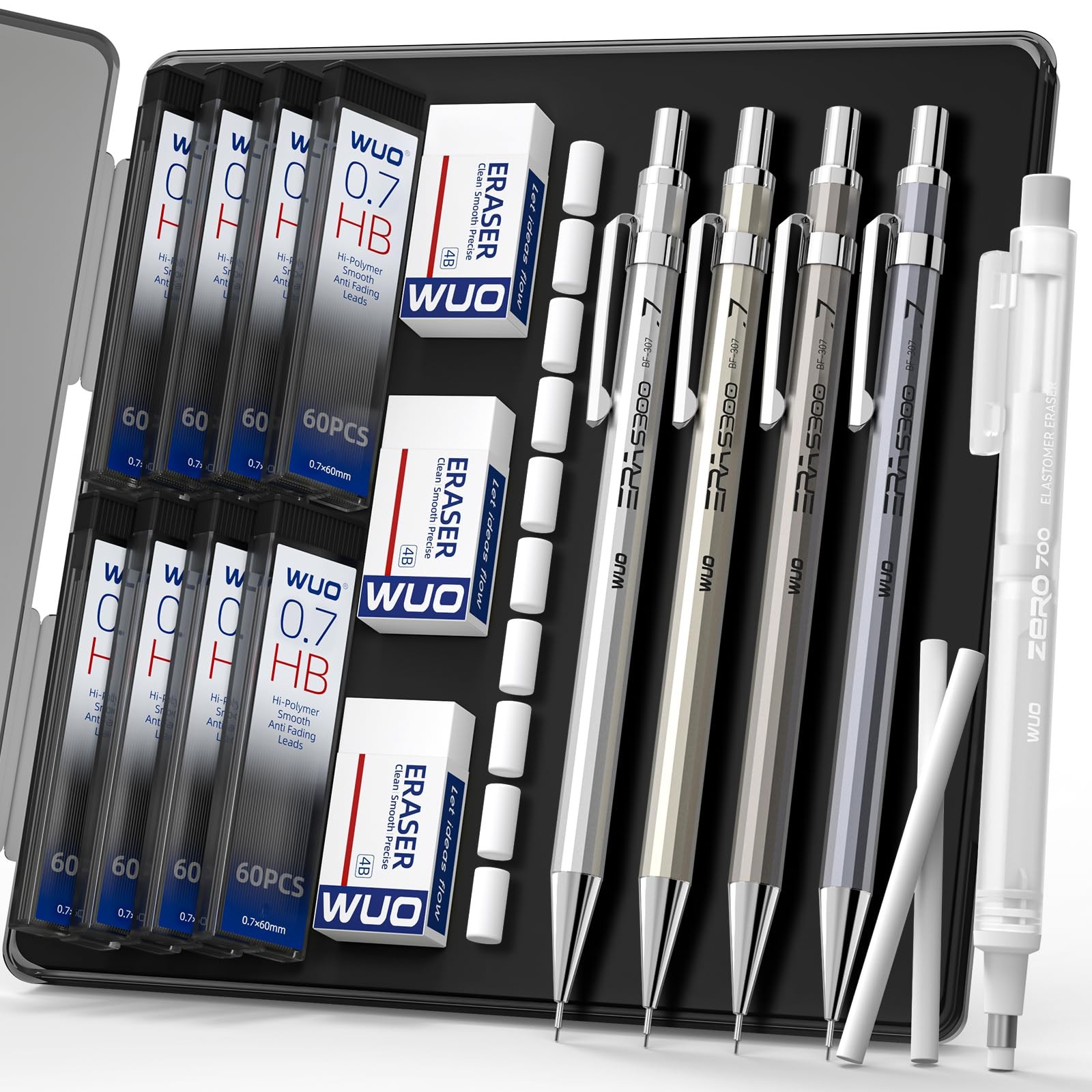 4 PCS 0.7mm Metal Mechanical Pencil Set with 480 HB Leads Erasers for Drawing