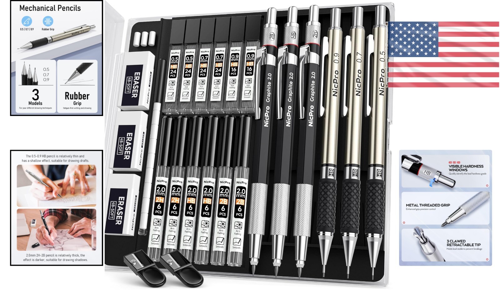 Professional Art Mechanical Pencil Set – 6PCS with Multiple Lead Sizes & Refills