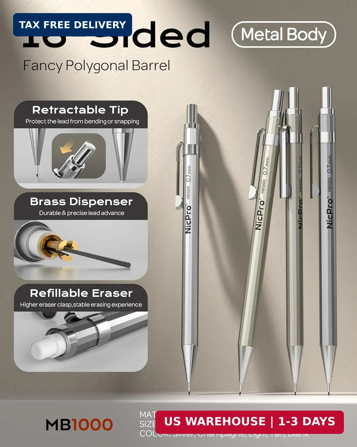 Nicpro 4 Pack Mechanical Pencil 0.7mm with Case, MB1000 Metal Mechanical Pencil