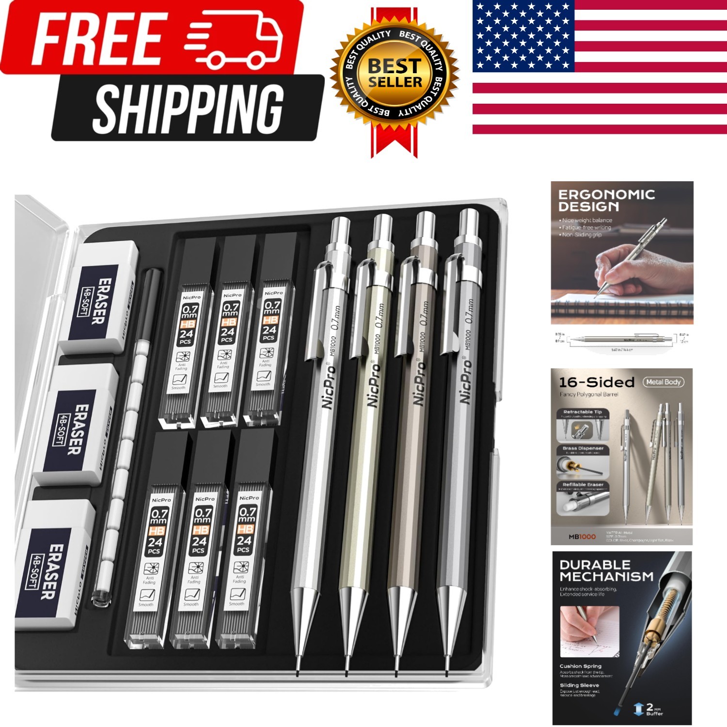 4 Pack Mechanical Pencil 0.7mm with Case, MB1000 Metal Mechanical Pencil Set wit