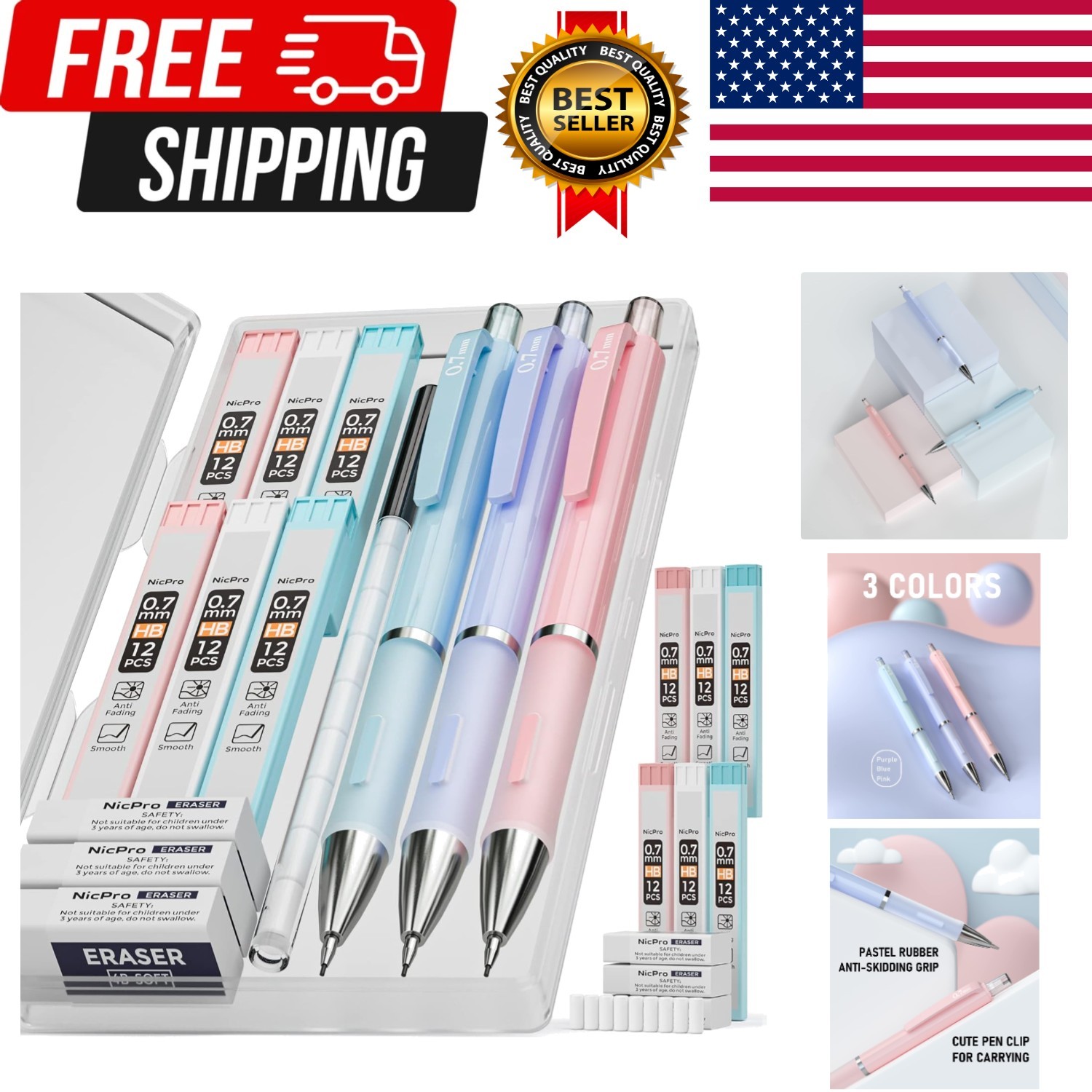 3PCS Cute Mechanical Pencil Set with Case, 0.7 mm Pencils with 6 Tube HB Lead…