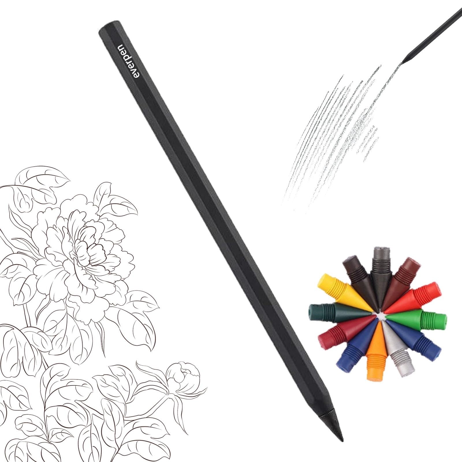 Metal Alloy Forever Pencil with 12 Colored Refill Tips – No Sharpening, Ideal fo