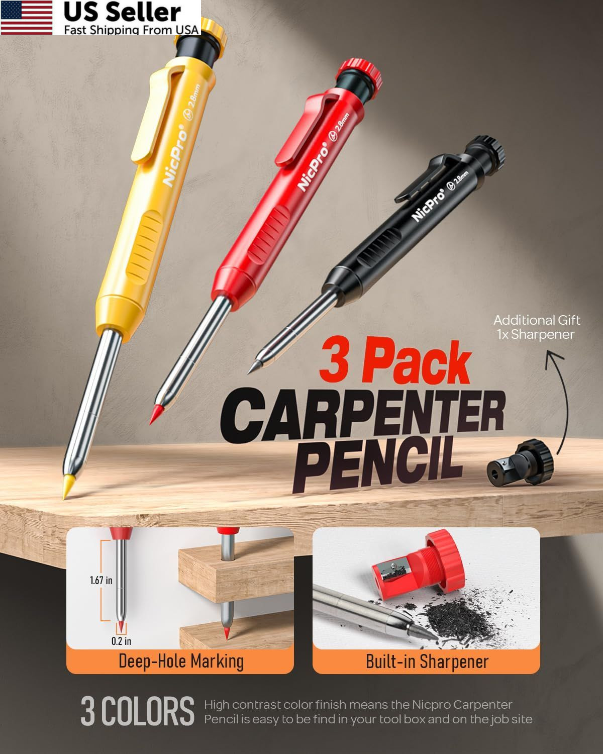 Nicpro 3 Pack Carpenter Pencil with Sharpener, 3 Pack, Black,Red,Yellow
