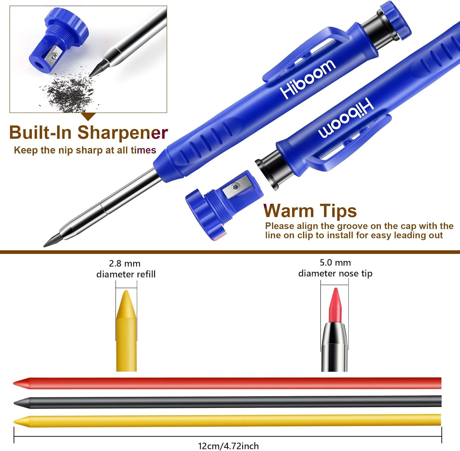 2 Pack Solid Carpenter Pencils with Pencil Cap and 18 Refills, Long Nose Deep Ho