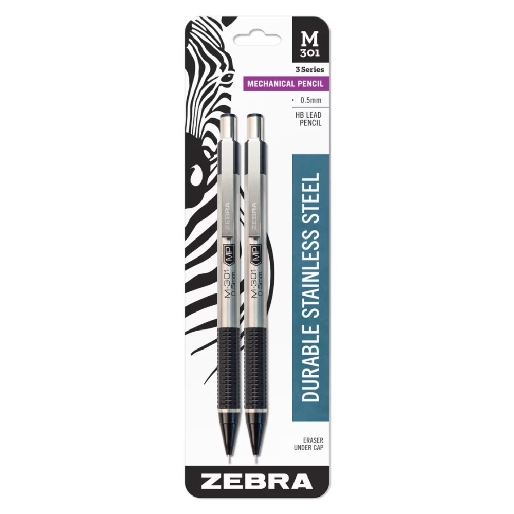 Stainless Steel Mechanical Pencil 0.5mm Point Size Black Grip 2-Pack
