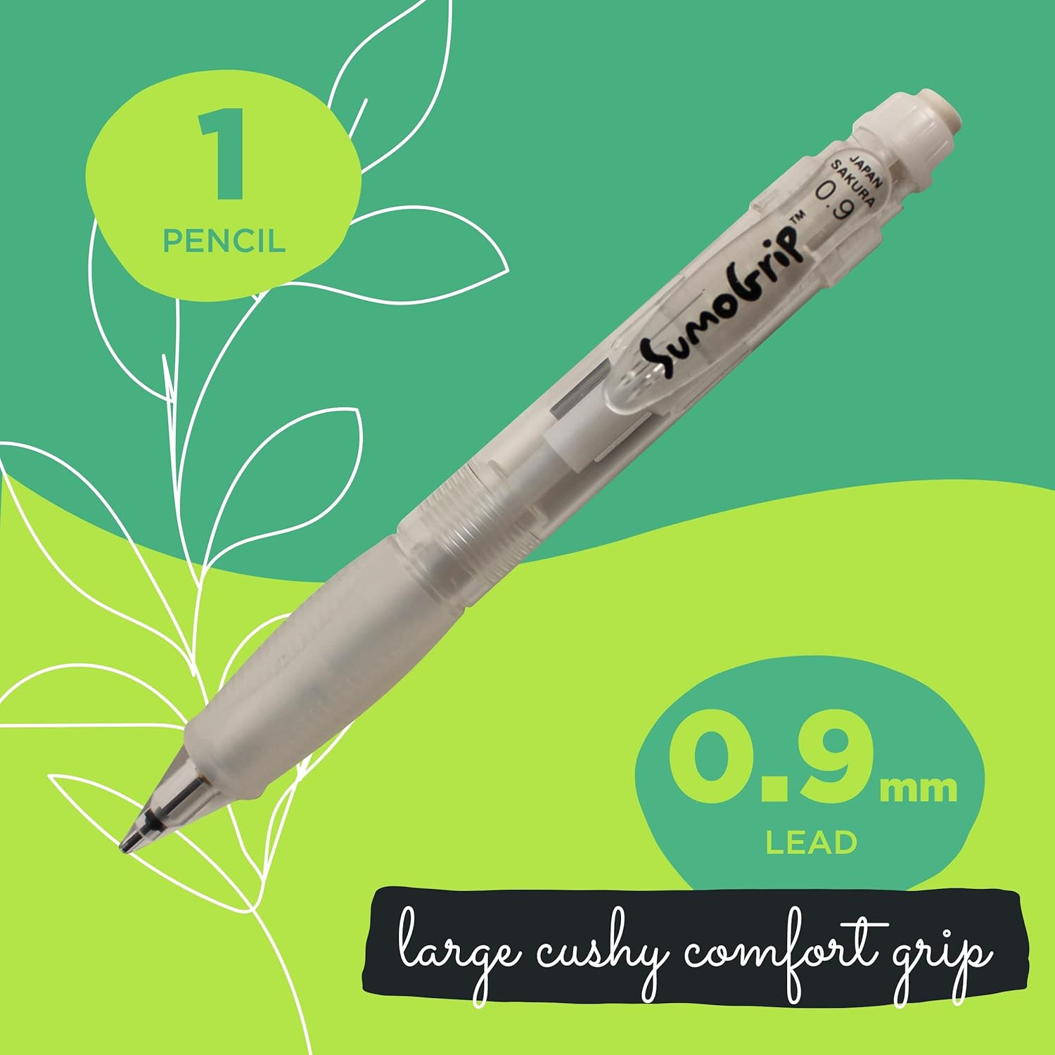 Sumogrip Pencil with Comfort Grip – 0.9 Mm Ergonomic Mechanical Pencil – Clear