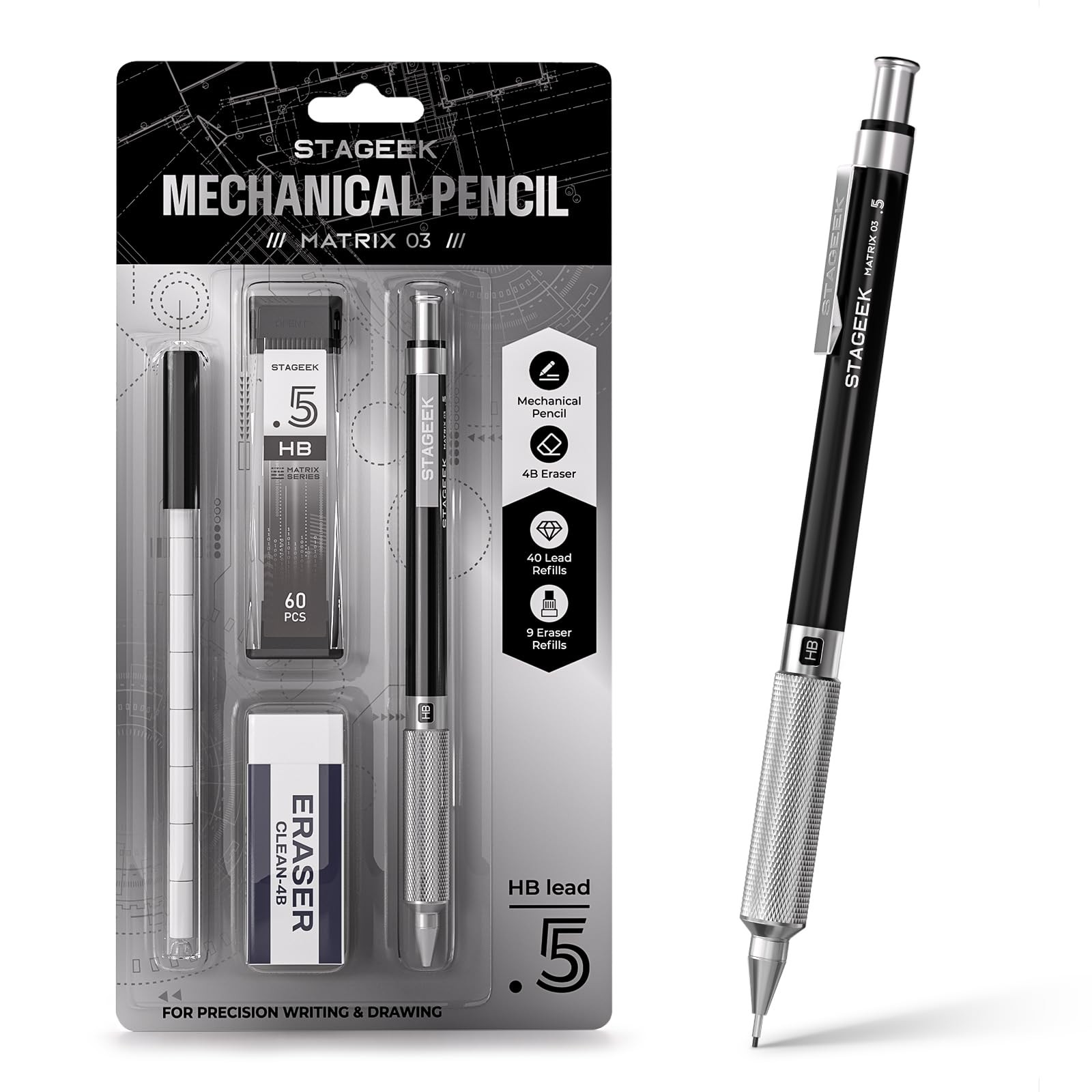 0.5mm Mechanical Pencil Metal Art Drafting With Eraser 60 HB Lead Refills