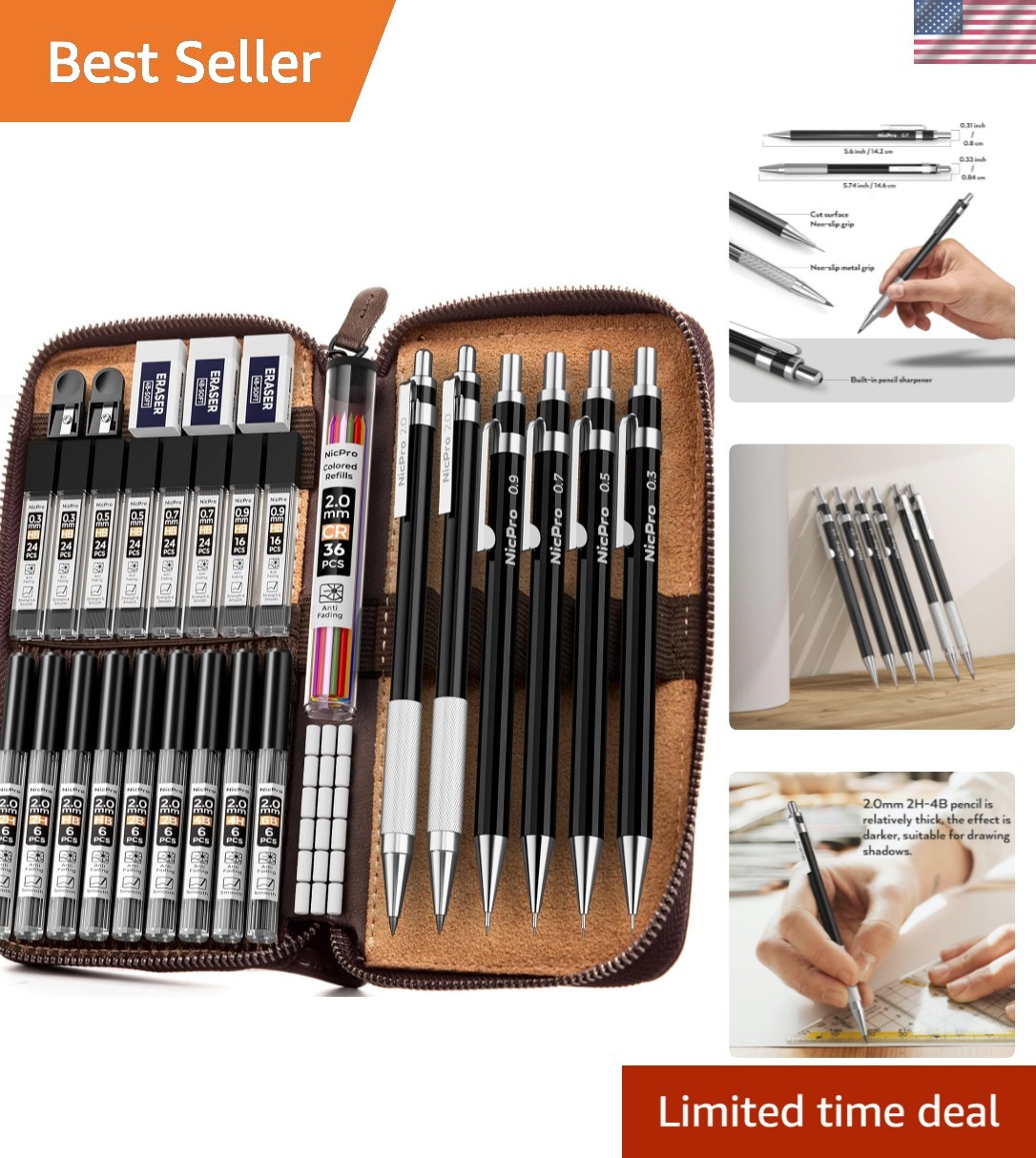 33PCS Metal Mechanical Pencil Set for Artists in an Elegant Leather Case
