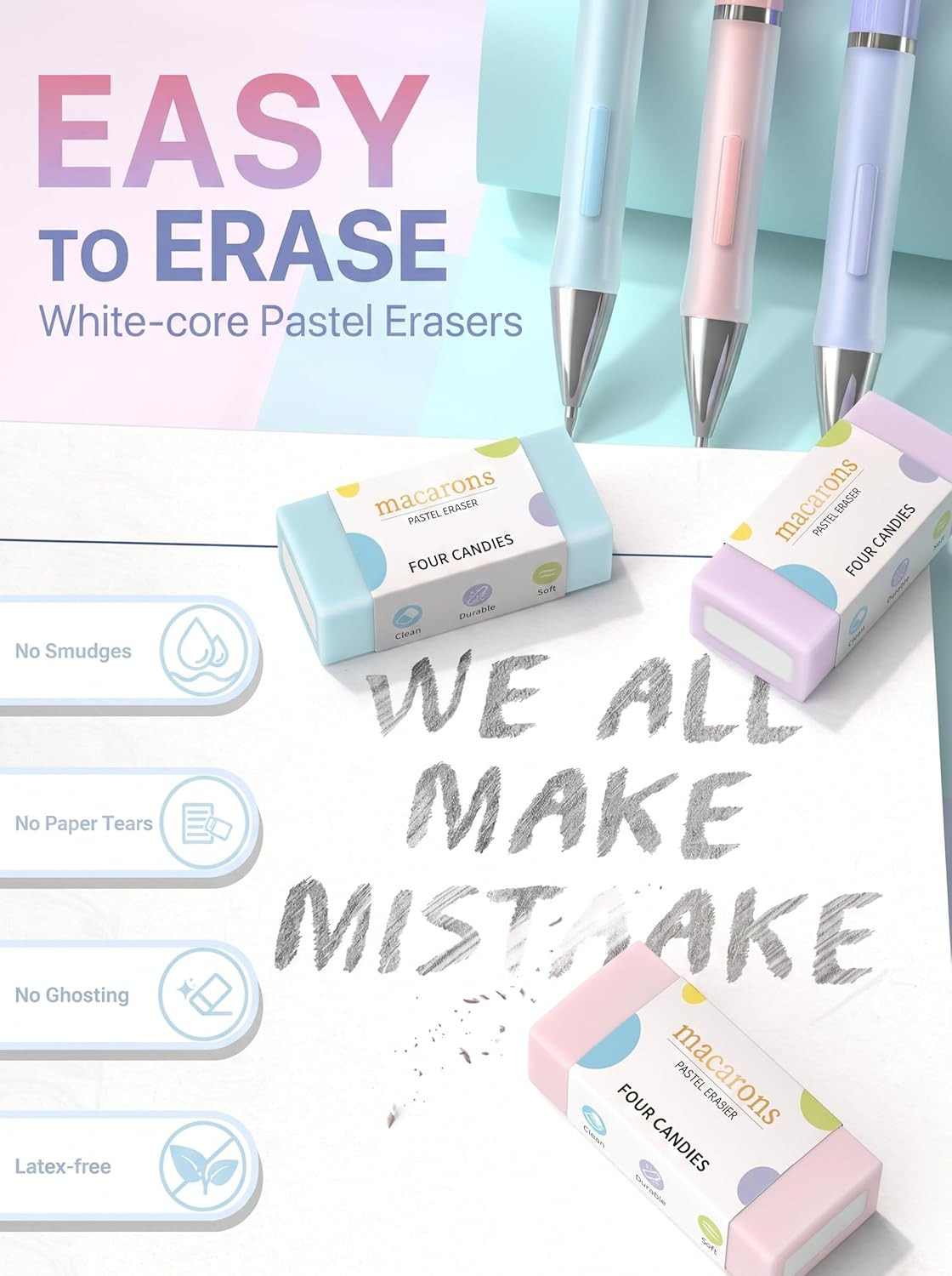 3PCS Cute Mechanical Pencils Set, 0.9Mm with 360PCS Thick Leads, Pastel Erasers